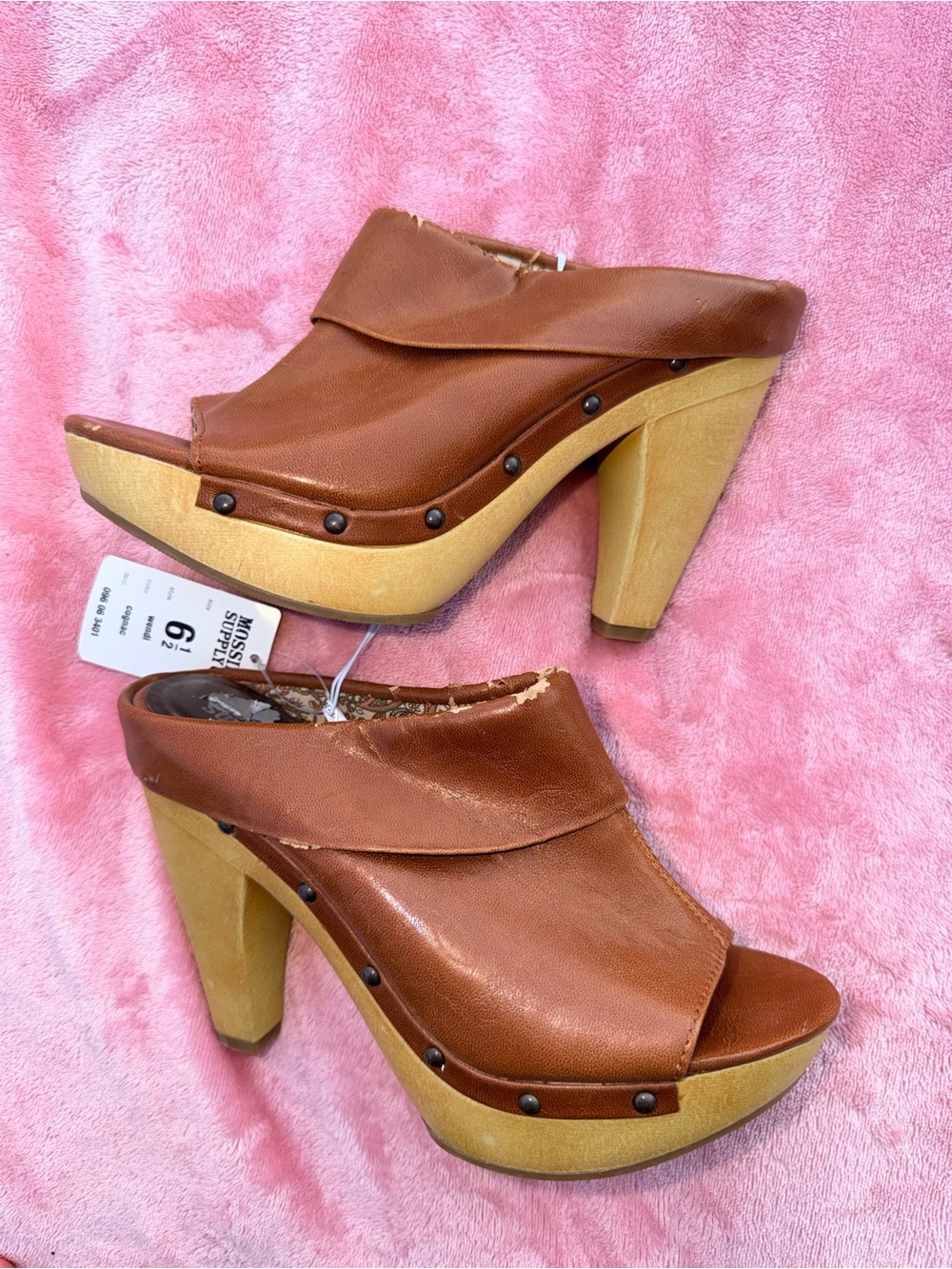 Mossimo Supply Co. Wendi Open Toe Clog Mules Cognac Brown Wood Heel Size 6.5